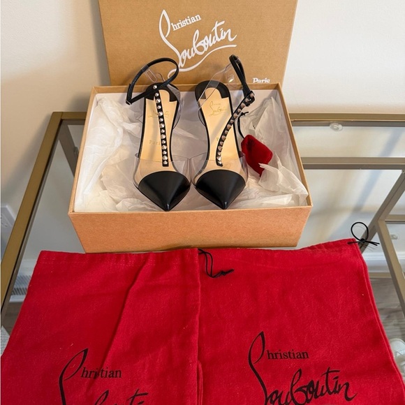 Christian Louboutin Shoes - Christian Louboutin Black Pointed-Toe T-Strap Studded Heels
